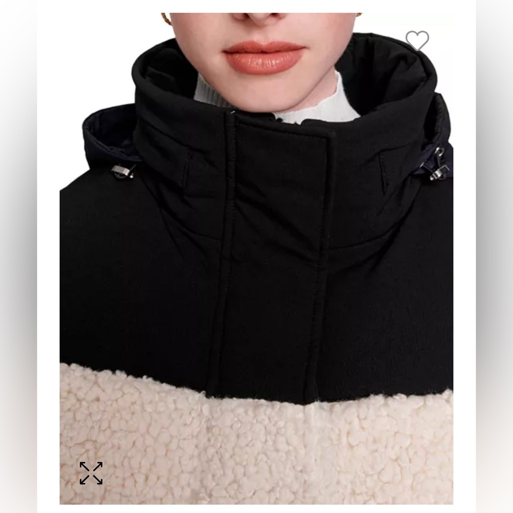 Maje Black Cream High Pile Fleece Faux Shearling Hoodie Puffer Jacket Sz 0 (XS) - Picture 3 of 16